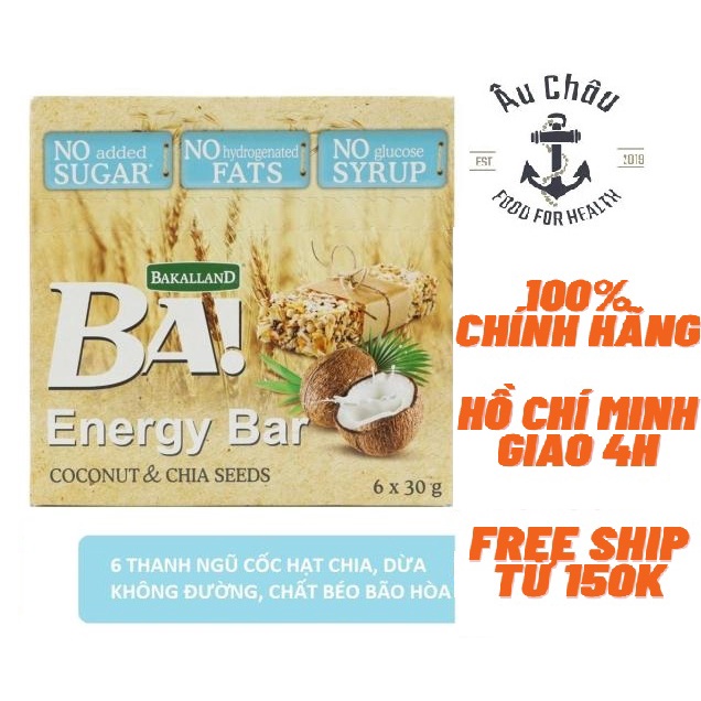 Thanh ngũ cốc ăn sáng giảm cân Bakalland hạt chia, dừa dinh dưỡng cao cấp 180gr 6 thanh NK Ba Lan