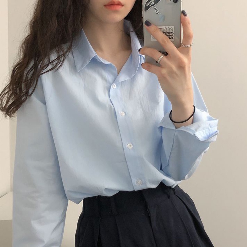 Áo sơ mi polo IELGY tay dài màu trơn phong cách Hàn Quốc thời trang cho nữ