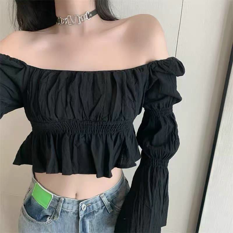 🍒Áo kiểu trễ vai croptop, tay dài phồng. Chất vải đũi dày, mịn mát. From áo từ 55kg trở xuống, style điệu đà, cá tính