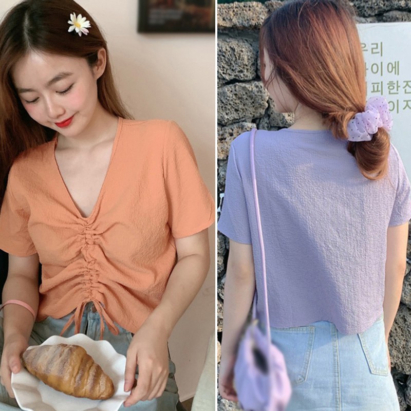 Áo Kiểu Tay Ngắn Phối Dây Rút Thiết Kế Cổ Chữ V Nữ Tính