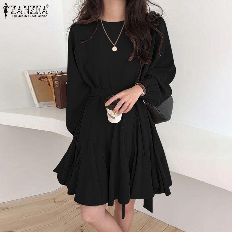 Đầm ngắn ZANZEA tay dài phồng cổ tròn ống tay co giãn xếp ly dành cho nữ