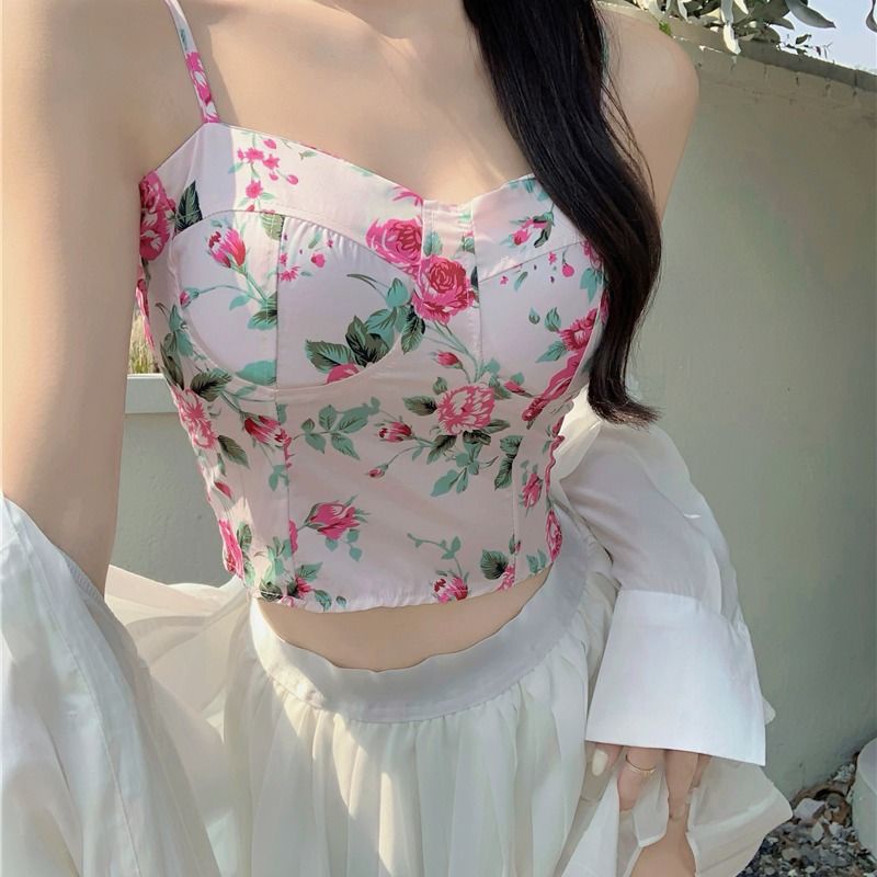 Áo Hai Dây Họa Tiết Hoa Phong Cách Retro Mùa Hè