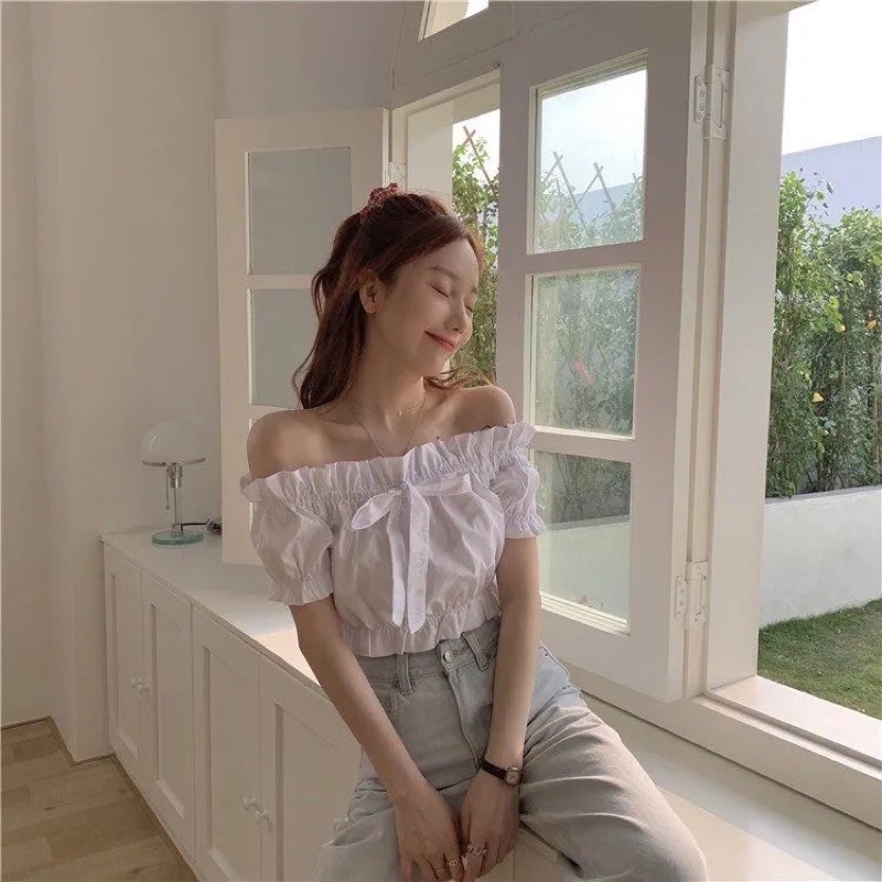 CÓ SẴN - Áo trễ vai tay bồng croptop siêu xinh