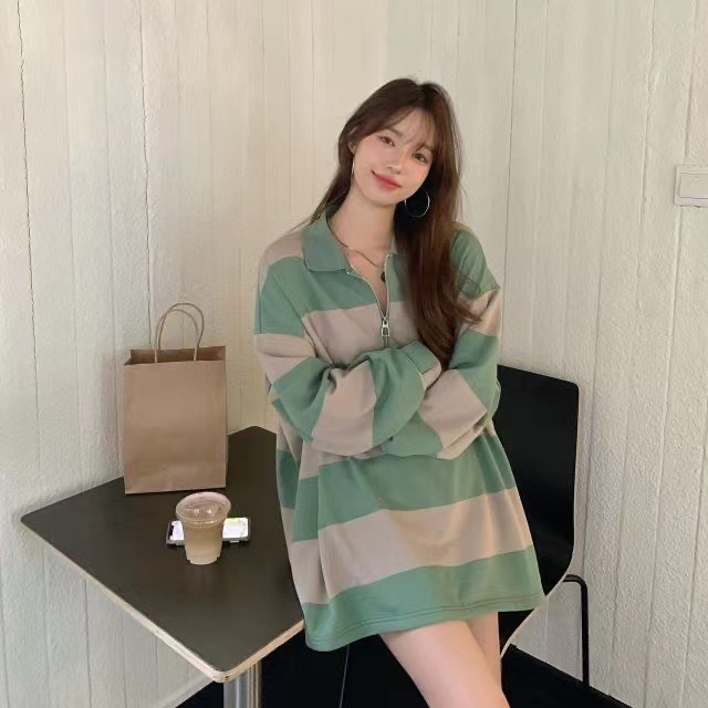 Áo thun nữ COZOKC tay dài kẻ sọc ngang dáng rộng thời trang Hàn Quốc năng động