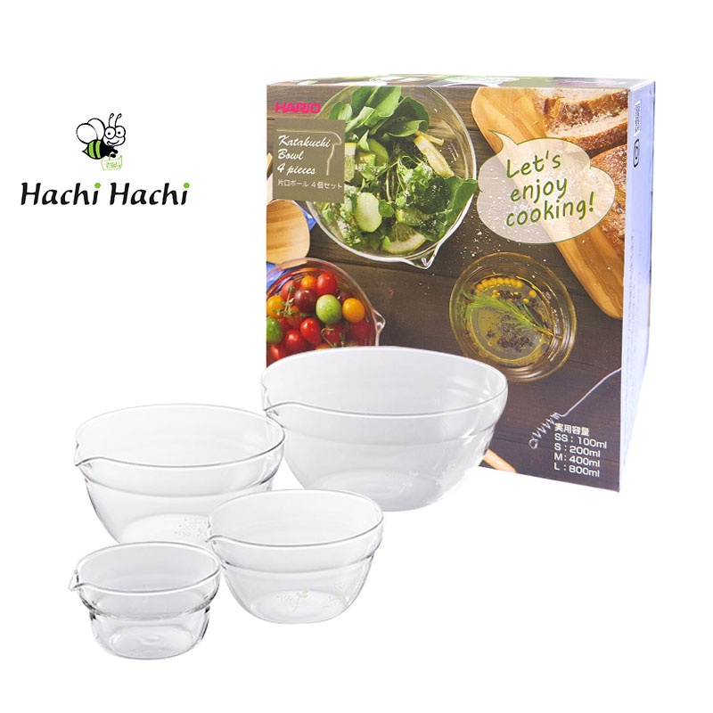 TÔ THỦY TINH CHỊU NHIỆT HARIO KB-2518 (4 CÁI) DUNG TÍCH: 100ML, 200ML, 400ML, 800ML - Hachi Hachi Japan Shop