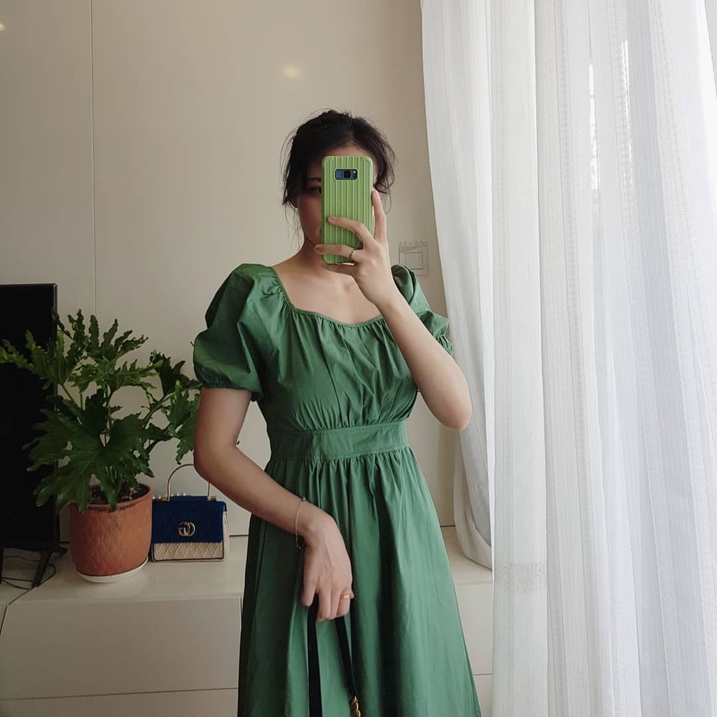 Váy, đầm xòe cổ vuông nơ lưng