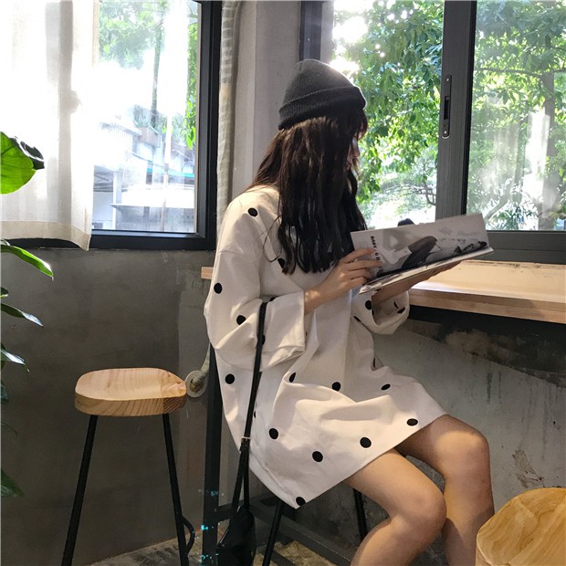 ĐẦM ULZZANG ĐẦM CHẤM BI TAY DÀI ĐẦM SUÔNG