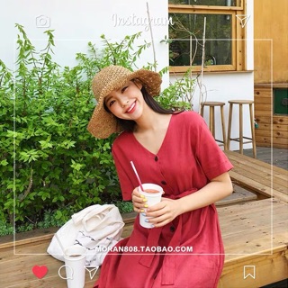 Váy vải thô dáng dài màu đỏ