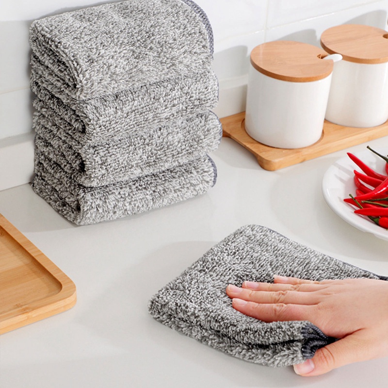 Bộ 5 Khăn Lau Bằng Vải Sợi Than Tre Dày Dặn Thấm Hút Không Dính Dầu Cho Nhà Bếp
