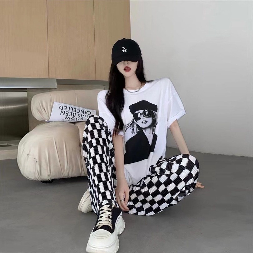 Set Áo Thun Ngắn Tay + Quần Dài Ống Rộng Lưng Cao Thời Trang Cho Nữ