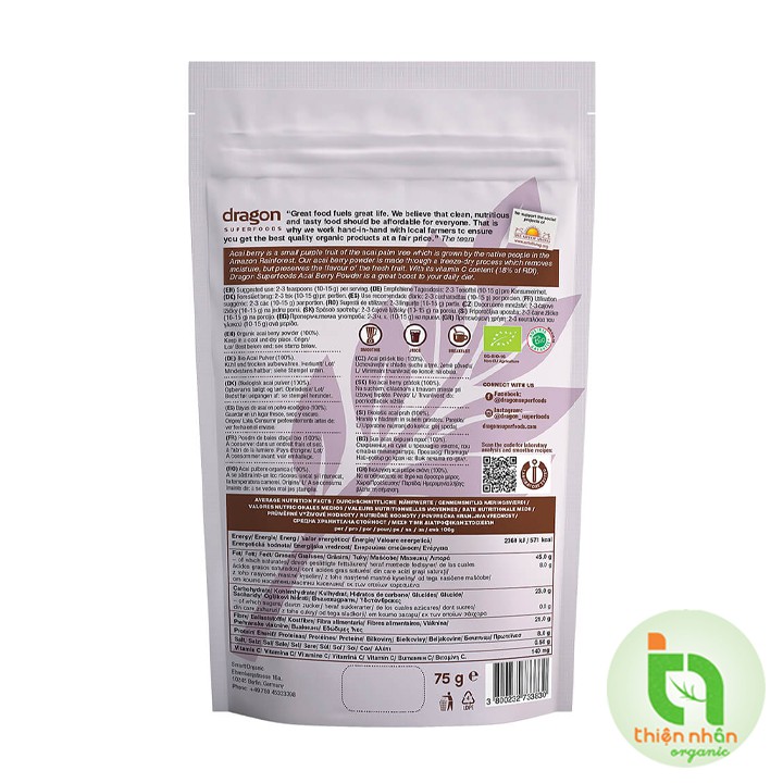 Date 25/08/2022 - Bột đông lạnh Acai Berry hữu cơ Dragon Superfoods 75g