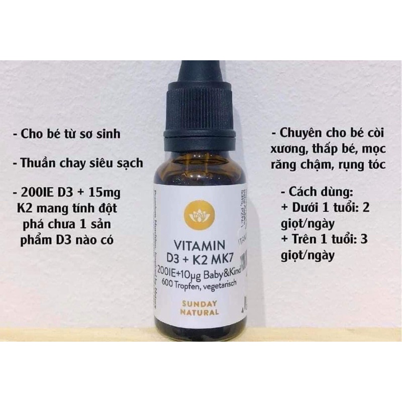 Vitamin D3 K2 MK7 Đức Sunday Natural 20 cho bé