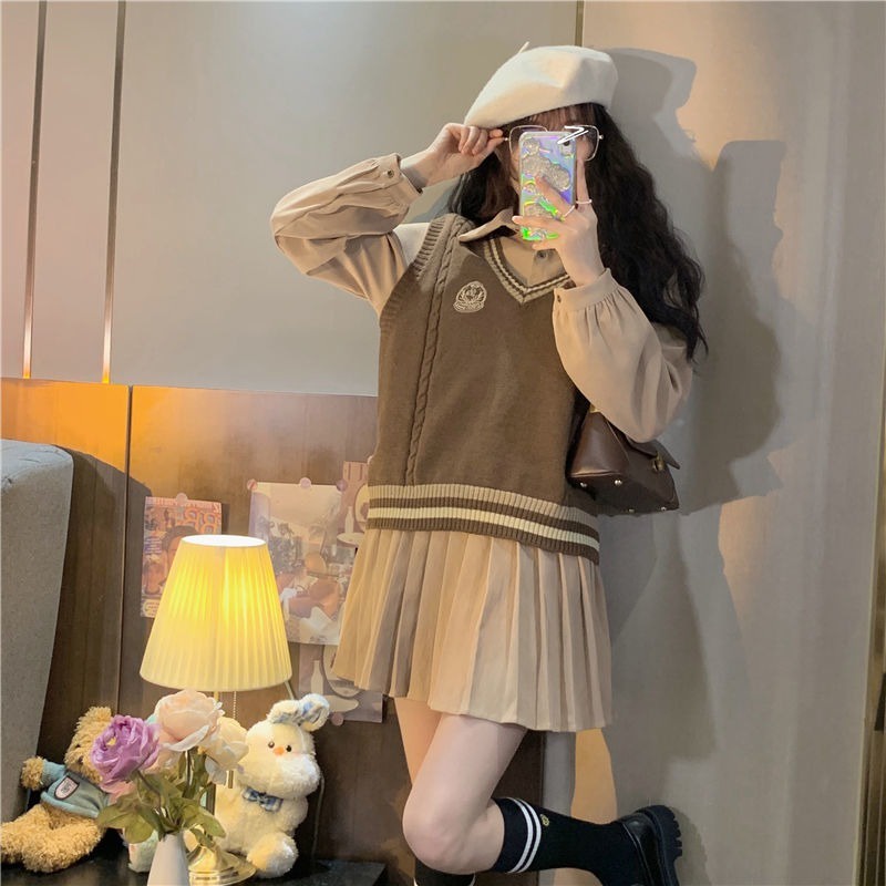 Set Áo Sơ Mi Dài Tay Cổ Chữ V + Đầm Len Dài Tay Cổ Bẻ Thiết Kế Mới Thời Trang Dành Cho Nữ