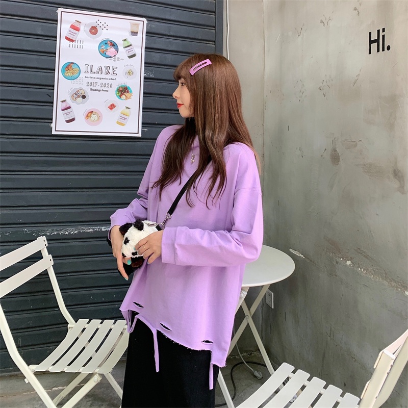 【ZHELIHANGFEI】Áo Thun Tay Dài Rách Cá Tính Trẻ Trung Hợp Thời Trang