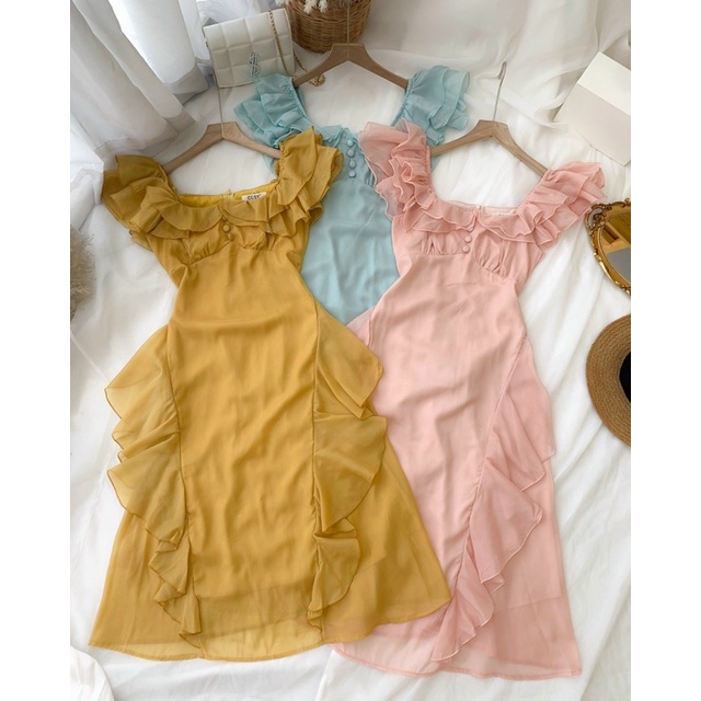 Đầm tơ cổ bèo vuông nút bọc cao cấp loại 1