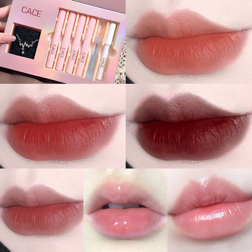 Set Son CACE Pink Party,,Gồm 6 Son:4 Son Kem Lì,1 Son Bóng,1 Son Dưỡng,Tặng Kèm 1 Dây Chuyền Latin Đính Đá