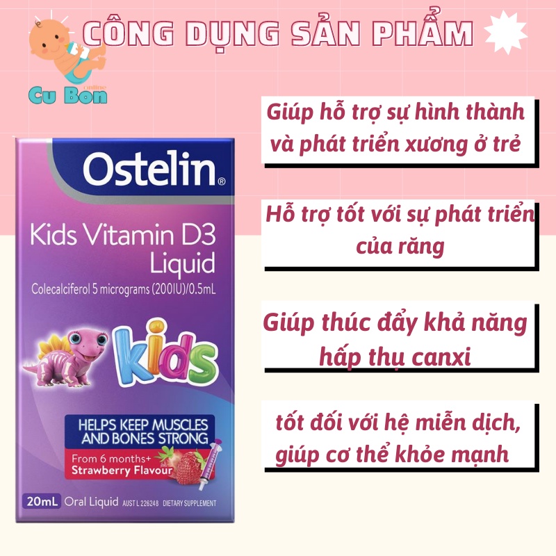 Vitamin D3 Liquid Ostelin 20ml cho bé dạng nước của Úc phát triển xương răng thúc đẩy hấp thụ canxi từ 6 tháng tuổi