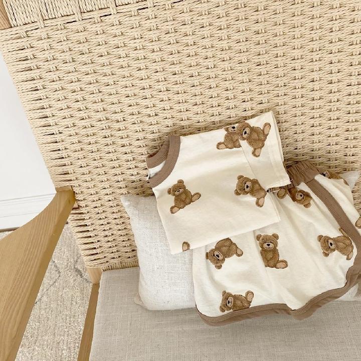 Sun baby Set Đồ 2 Món Gồm Áo Thun Tay Cộc In Hình Gấu Dễ Thương + Quần Ngắn Phong Cách Hàn Quốc