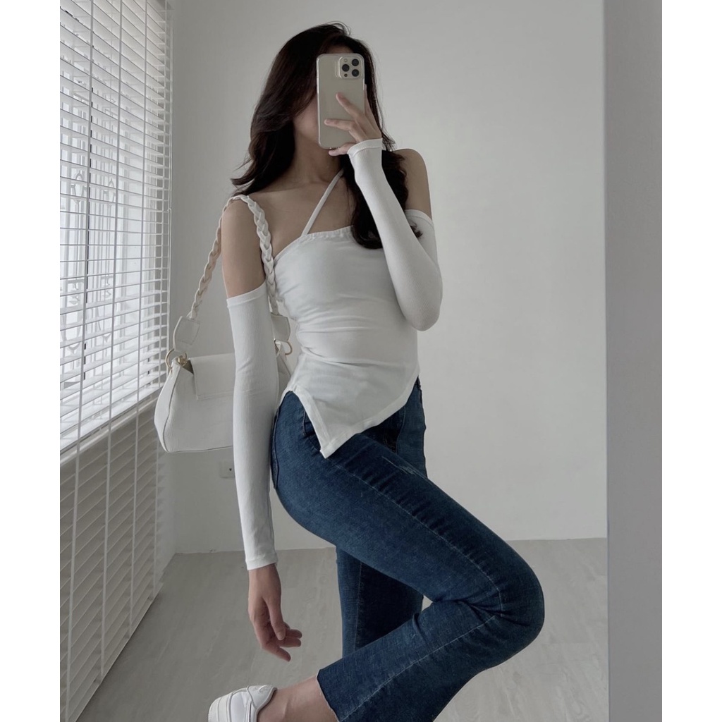 Áo Body Nữ Dài Tay Xẻ Tà, Áo Thun Nữ Cổ Bèo Vạt Lệch 3 Màu