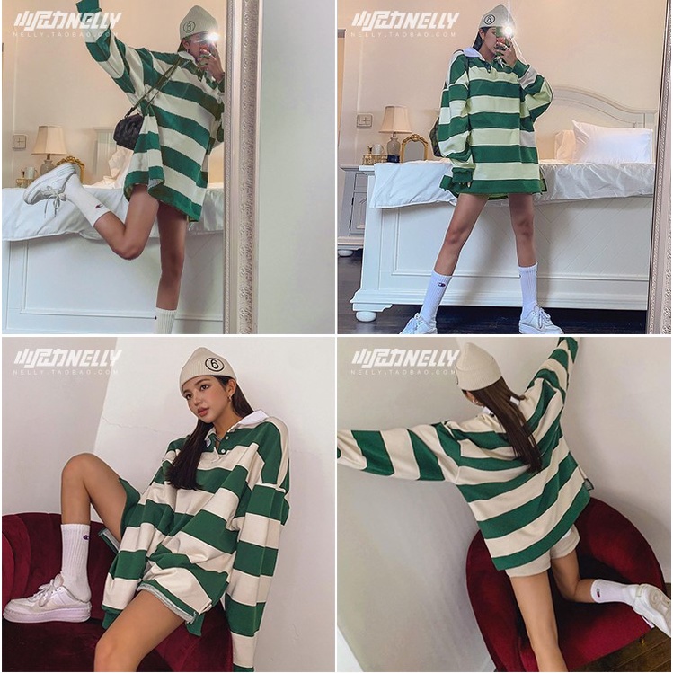 Áo polo kẻ xanh dài tay Nelly