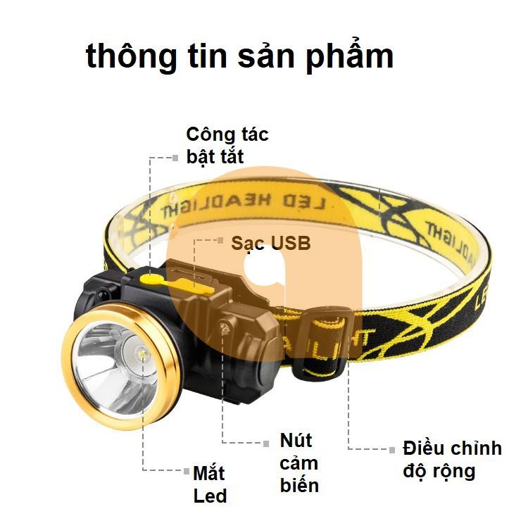 Đèn pin đội đầu cảm biến thông minh mắt Led siêu sáng (pin li-ion + sạc)