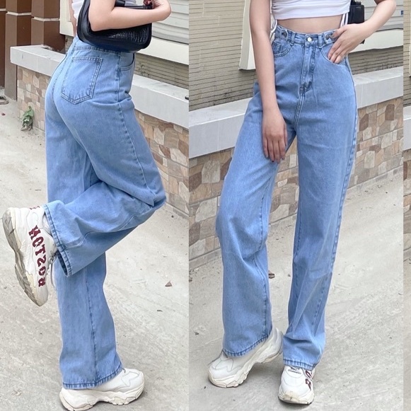 Quần Jean Nữ Ống Suông Lưng Siêu Cao Màu Đen Xanh Cạp Nút | BigBuy360 - bigbuy360.vn