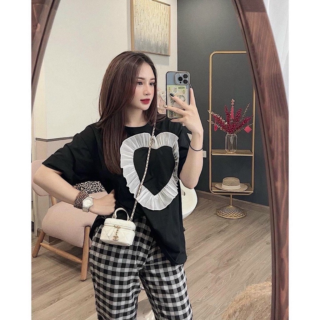 set bộ áo thun tim bèo ngực kèm quần carro k