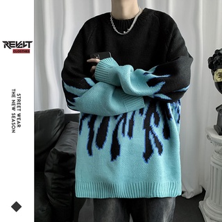 Áo sweater len nam form rộng unisex ulzzang kiểu hàn quốc cổ tròn họa tiết lửa dáng rộng oversize đi học đi chơi