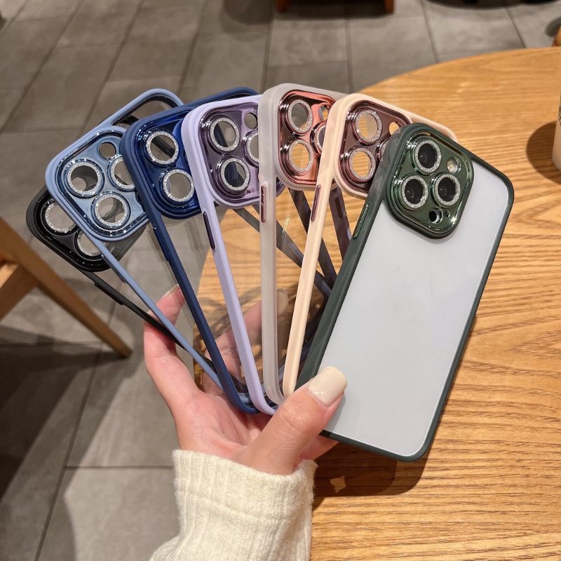 Ốp lưng kính trong viền màu bảo vệ camera gắn đá nhũ cho iPhone 14,14 pro,14 plus,14 pro max 13, 13 Pro, 13 Pro Max