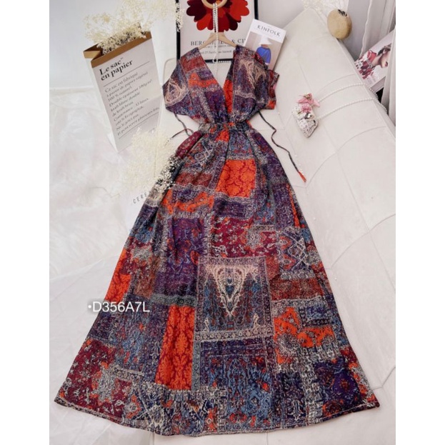 Đầm Maxi Nữ Bigsize, Váy Maxi Đi Biển Họa Tiết Cổ Chữ V Dáng Xòe Hở Lưng Cột Nơ Eo Chun Co Dãn Dễ Mặc