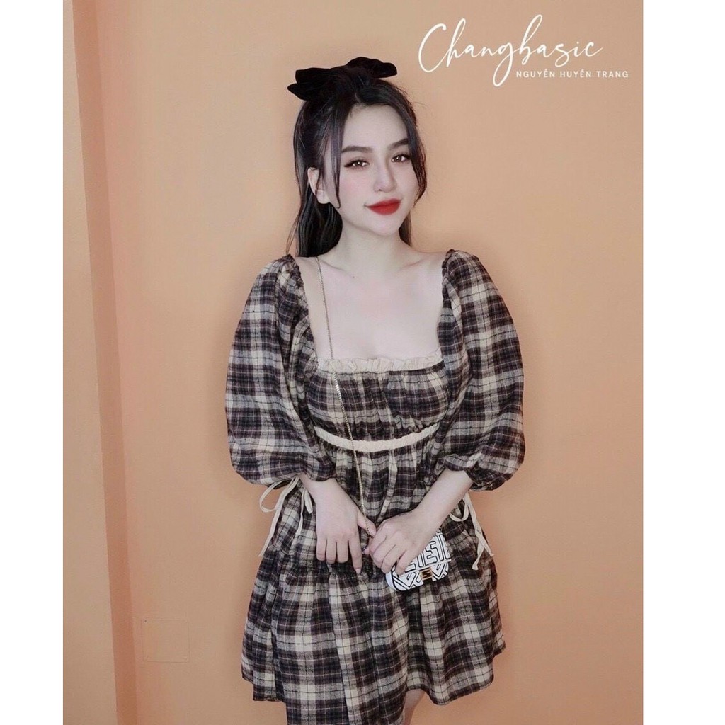 Đầm xòe tay phồng họa tiết carô xinh xắn