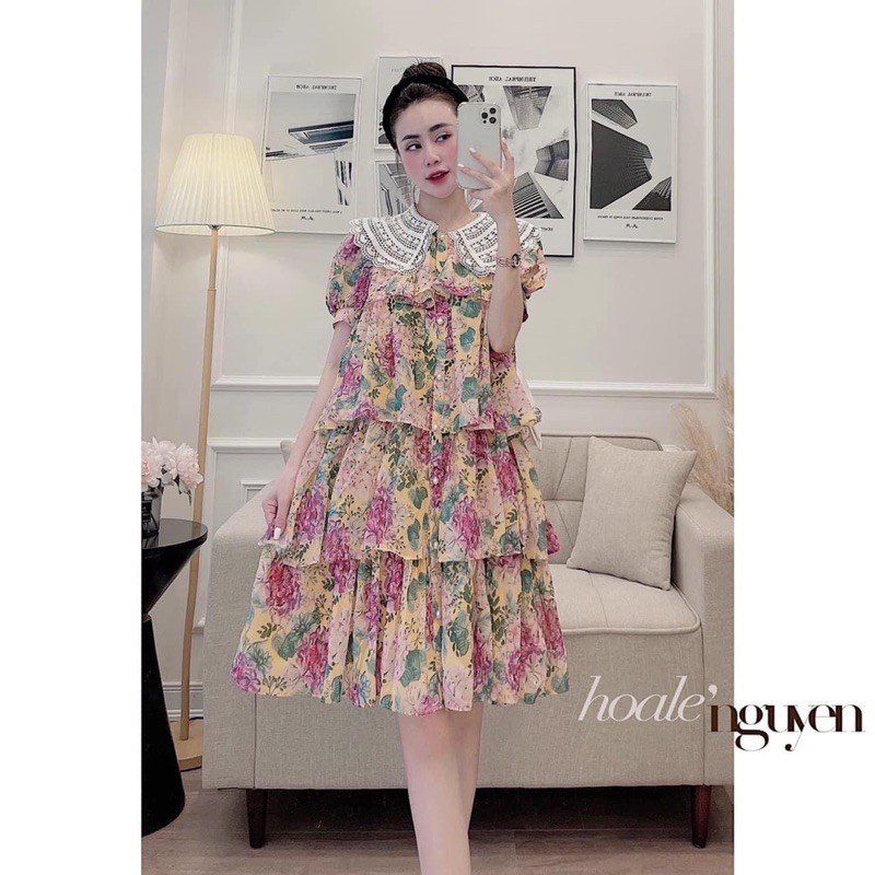 [Hàng Chuẩn] Váy Hoa Babydoll Tầng Cổ Ren 2 Màu Sang Chảnh Có Ảnh Thật Kèm Video | BigBuy360 - bigbuy360.vn