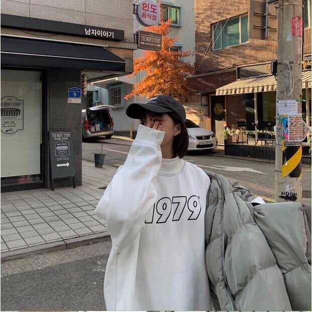 A018 Áo nỉ thu đông cổ lọ 1979 unisex form rộng dài tay, áo hoodie sweater nam nữ trắng đen form to Ulzzang freesize