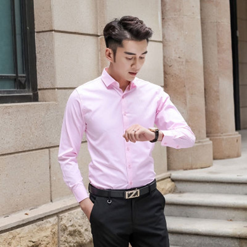 【Non-iron shirt】Men Formal Button Smart Casual Plus Size Long Sleeve Slim Fit Men's long sleeve shirt spring and autumn thin Korean slim solid color no iron shirt men's business Korean large white inch shirt