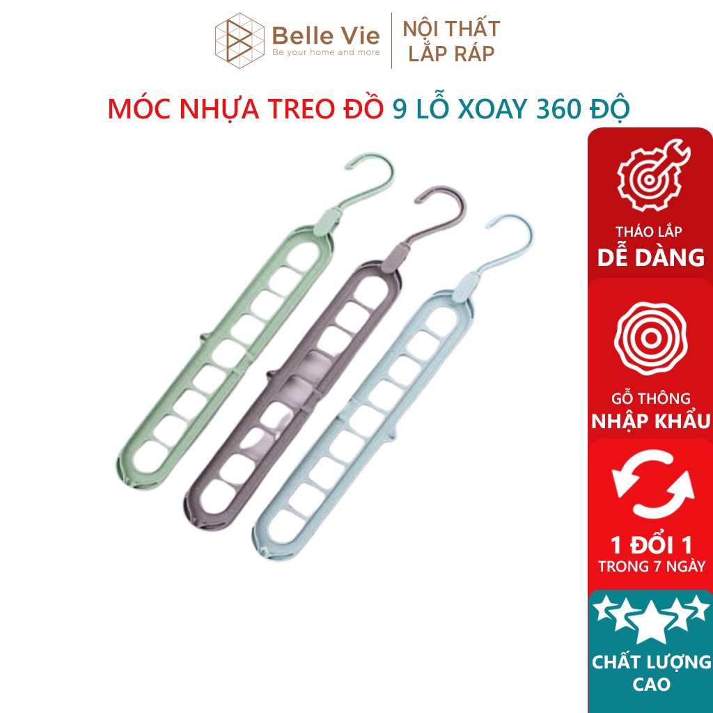 Móc Nhựa Phơi Đồ Treo Quần Áo BELLEVIE Thiết Kế 9 Lỗ Treo Xoay 360 Độ Thông Minh Tiết Kiệm Không Gian