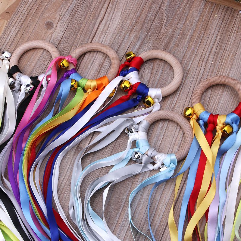 Vòng gỗ lục lạc tự nhiên với ruy băng cầu vồng đồ chơi ngậm nướu kiểu Montessori quà tặng cho bé sơ sinh