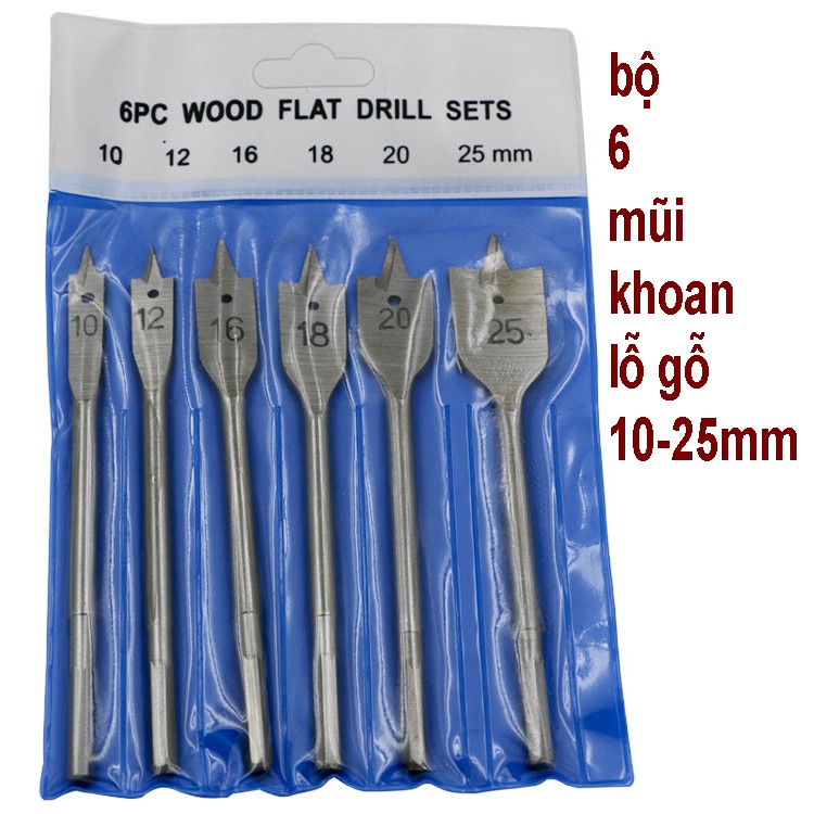 Bộ 6 mũi khoan gỗ khoét lỗ đuôi cá size từ 10-25mm