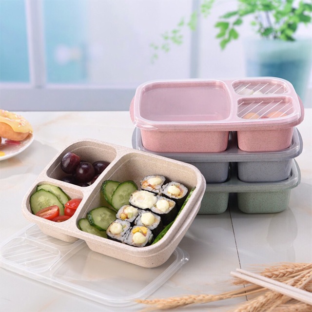 Hộp cơm bento ☘️freeship☘️khay nhựa lúa mạch 3 ngăn văn phòng