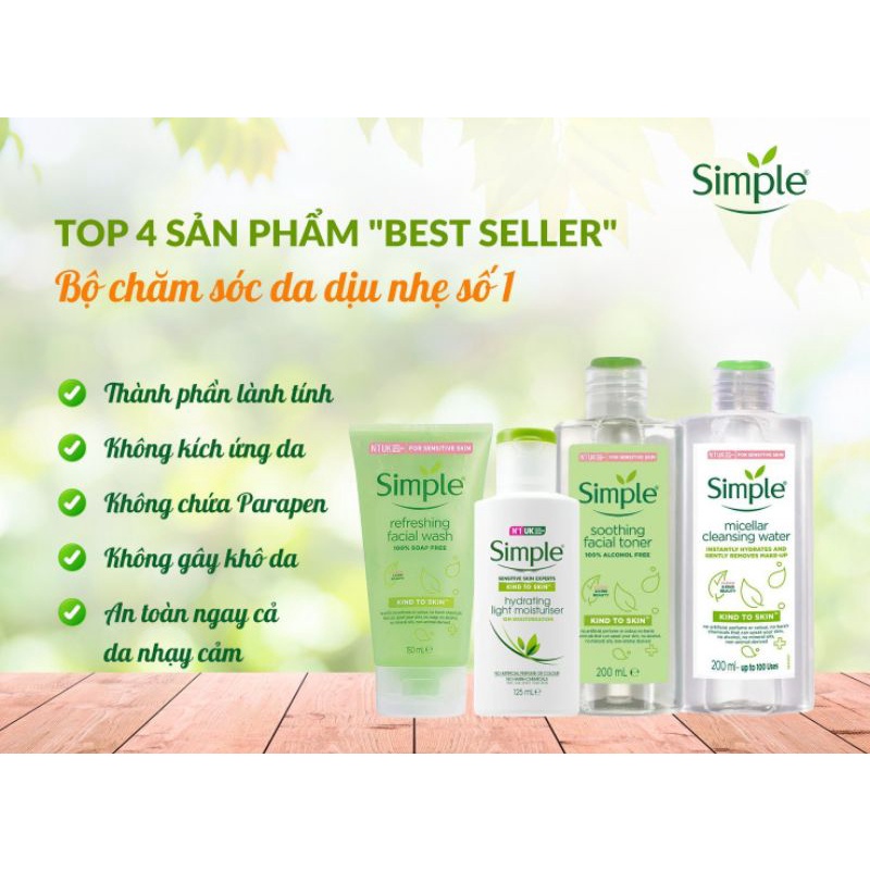 Combo Nước hoa hồng không cồn Simple - sữa rửa mặt tạo bọt, tẩy trang dịu nhẹ - sữa dưỡng ẩm Simple made in UK