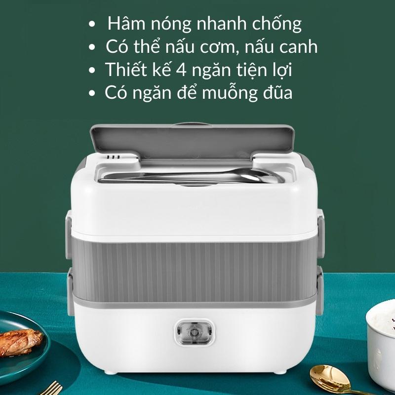 Hộp Cơm Cắm Điện 2 Tầng 4 Ngăn Bằng Inox Giữ Nhiệt, Hâm Nóng Và Tự Nấu Chín, Cà Men Đựng Cơm Đi Làm