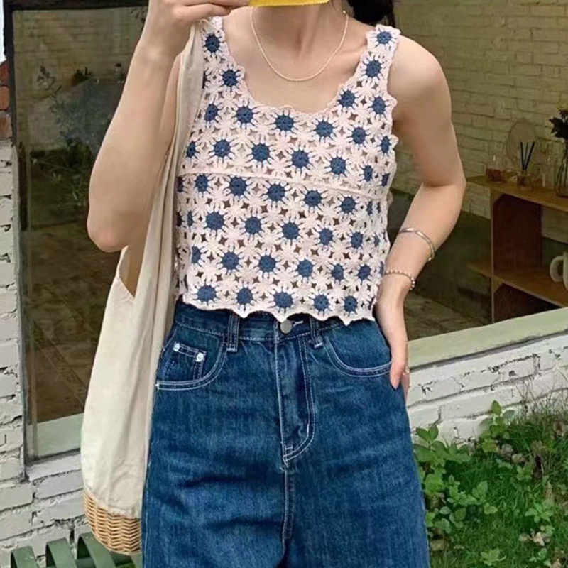 Áo Croptop Dệt Kim Không Tay Thêu Hoa Cúc Thời Trang Mùa Xuân Cho Nữ