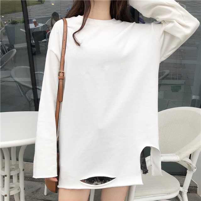 Áo pull trắng oversize rách chân SALE OFF FREESHIP