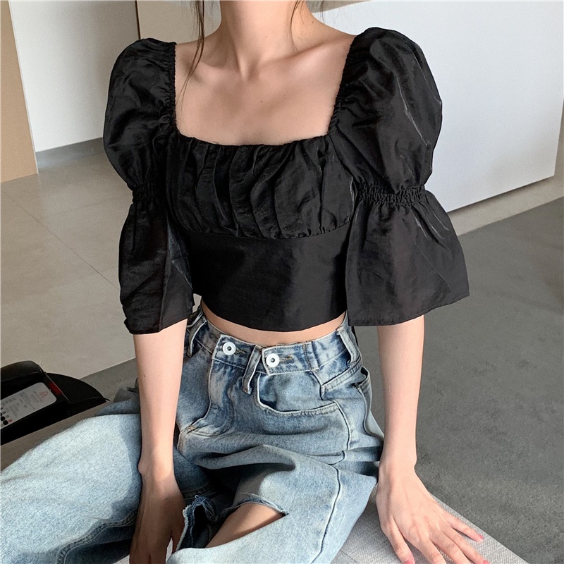 Áo croptop IELGY trễ vai cổ vuông tay phồng thời trang cho nữ