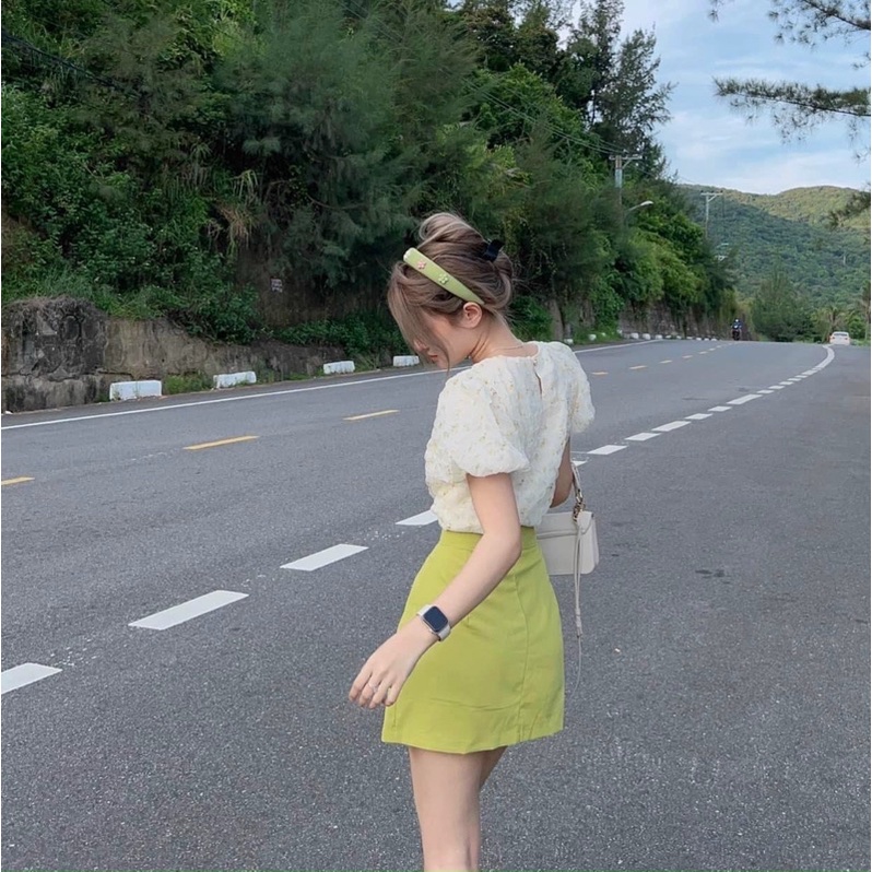 SET ÁO HOA TAY BỒNG + CHÂN VÁY NÚT HAI MÀU
