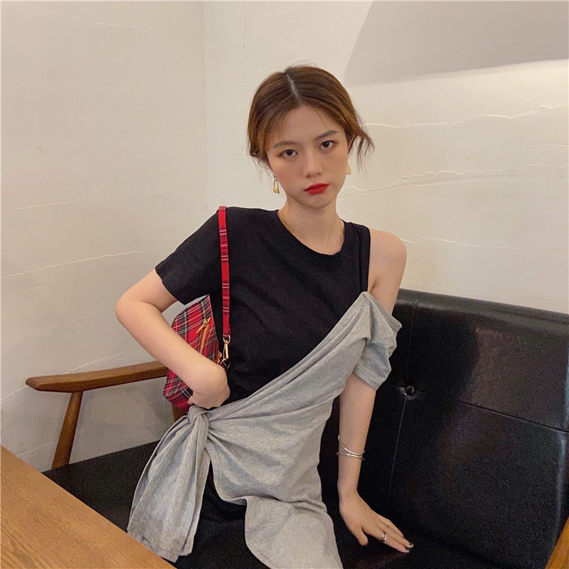 SUXI Đầm Thun Tay Ngắn Phối Dây Thắt Thời Trang Mùa Hè Cho Phái Nữ