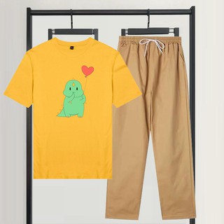 Sét Bộ Đồ Nữ Xinh Cute, Áo Phông Cotton Organic Ngắn Tay In Khủng Long Bóng Tim Kèm Quần Kaki Phong Cách Teen Hàn Quốc