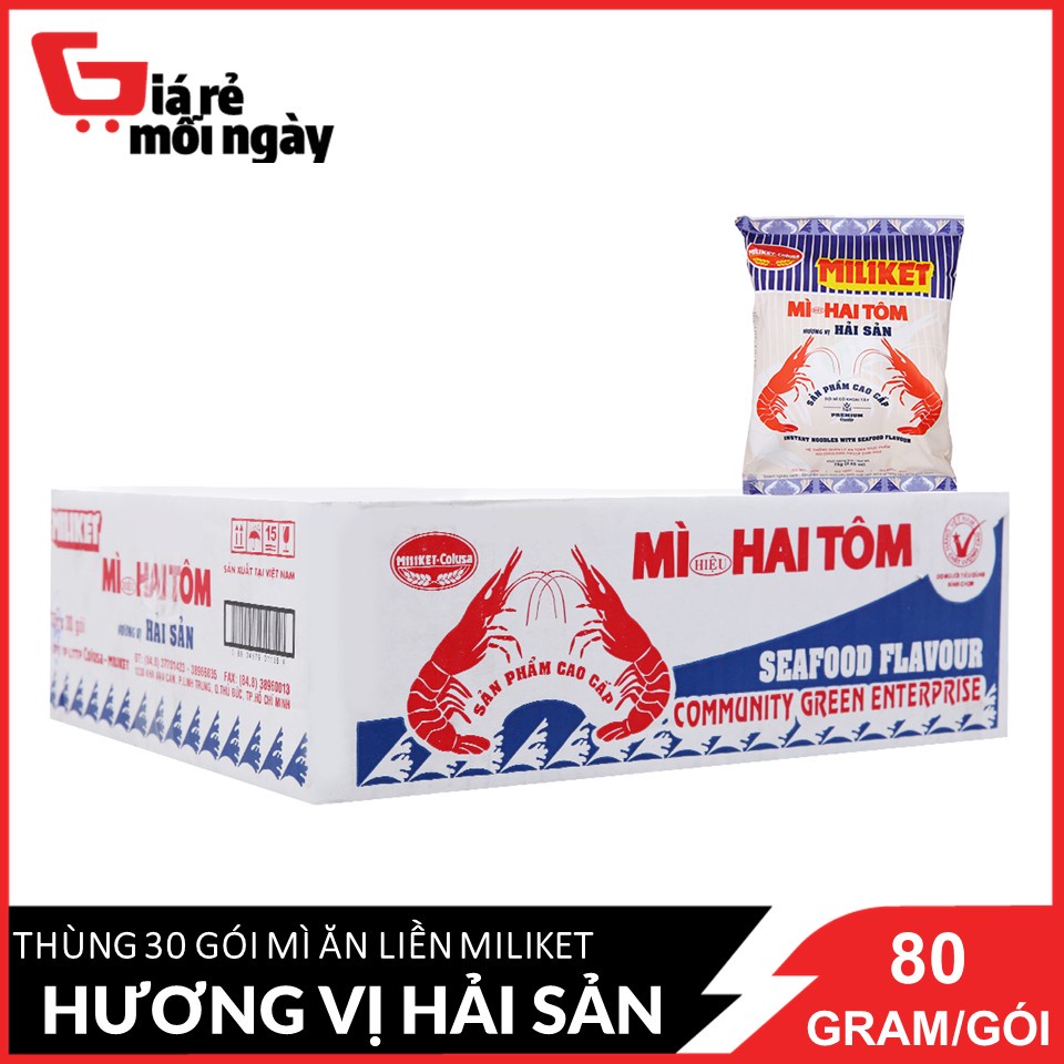 [Nguyên thùng 30 gói] Mì ăn liền Miliket Hai tôm hương vị hải sản 80gX30