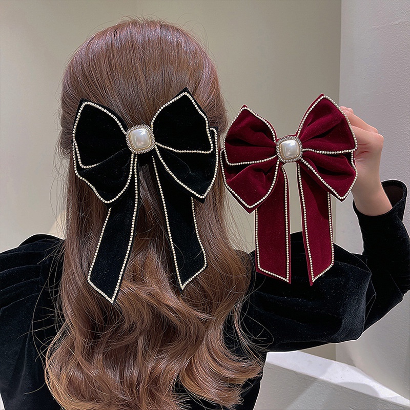 Kẹp Tóc Nơ Hai Lớp Đính Đá Và Ngọc Trai Xinh Xắn Cho Nữ