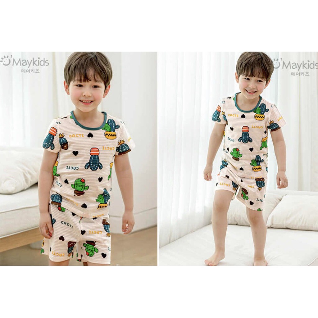 (100) Bộ hè cotton giấy xuất Hàn mặc nhà bé trai bé gái hoạ tiết xương rồng