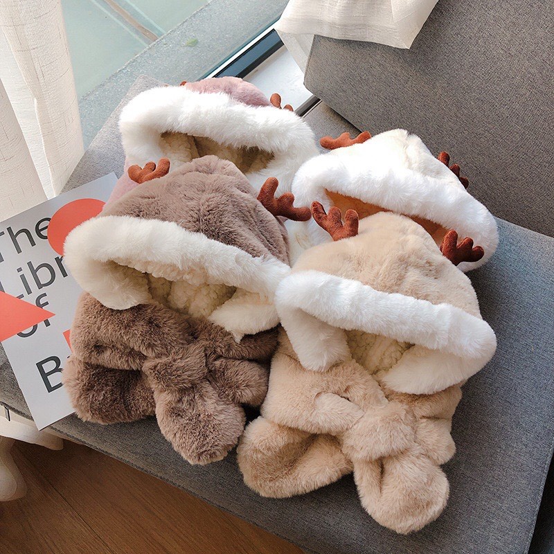 Mũ lông trùm đầu liền khăn cổ giữ ấm cho bé Boo Kids